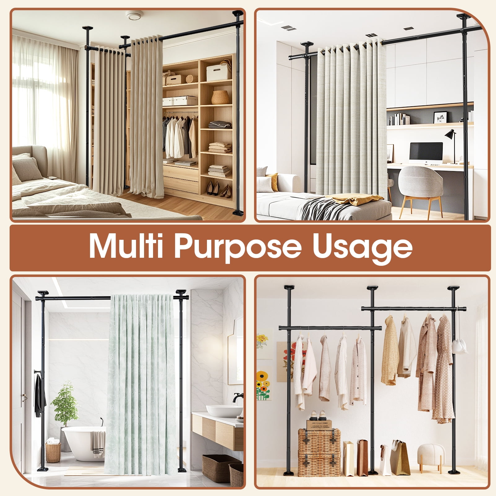 SUNALLY Room Dividers Curtain Rod No Drilling, 4-10ft(H) 28-114inch(W) Adjustable Room Separator for Space Partition, Heavy Duty Floor to Ceiling Tension Rod, Black