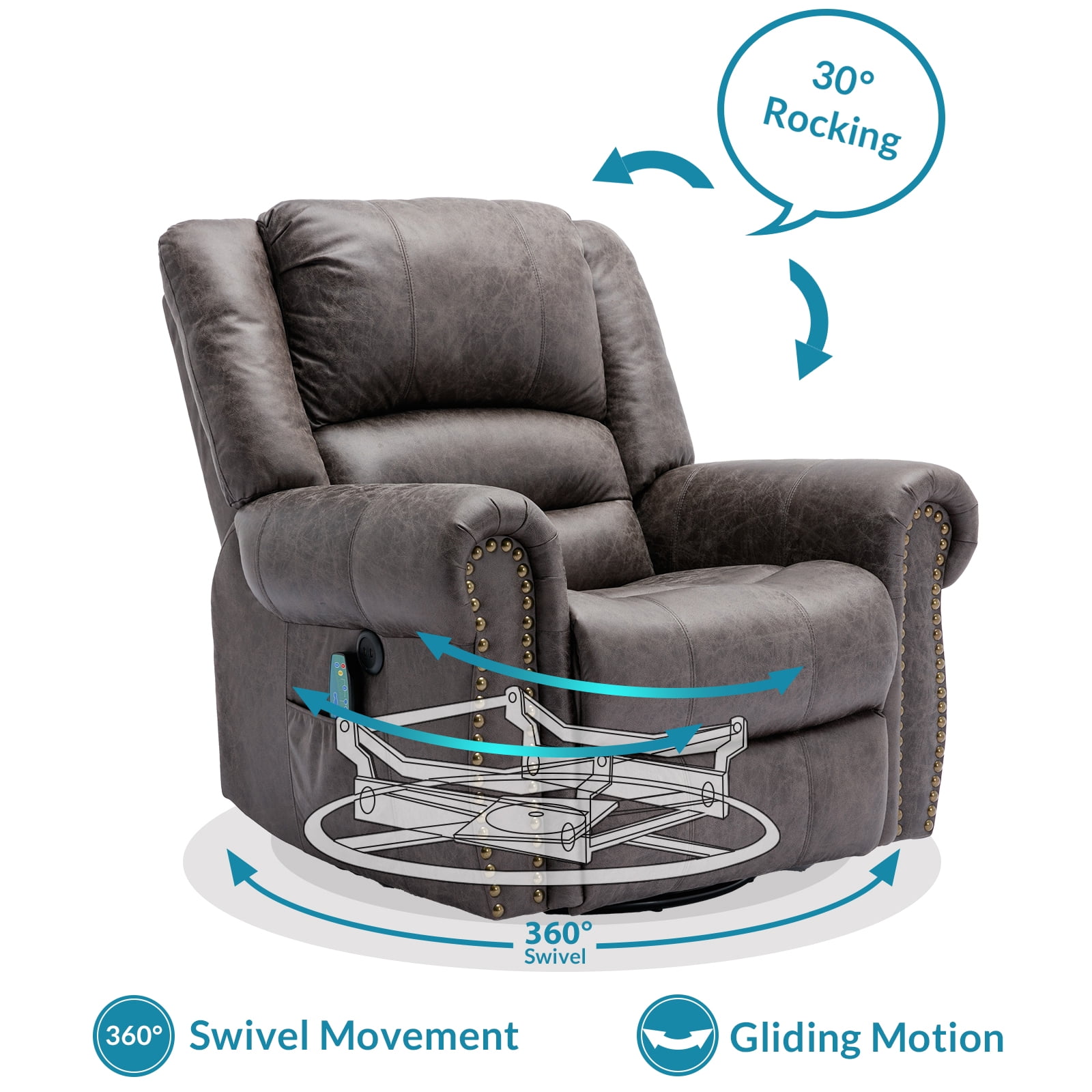 OUINCH Bronze Suede-Like Fabric Swivel Glider Rocker Recliners with Massage and Heat, Grey