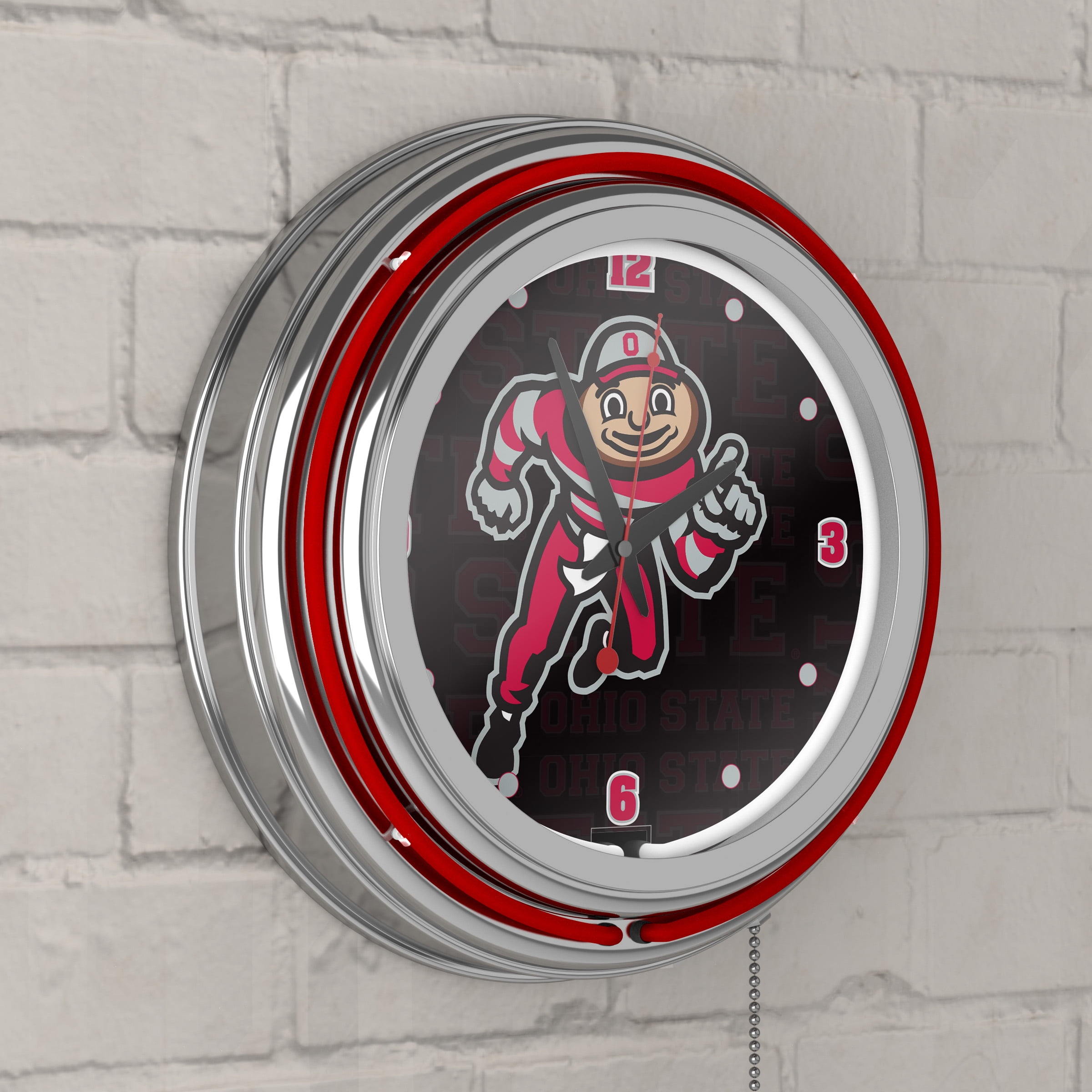 Ohio State University Brutus Dash Retro Neon Analog Wall Clock with Pull Chain