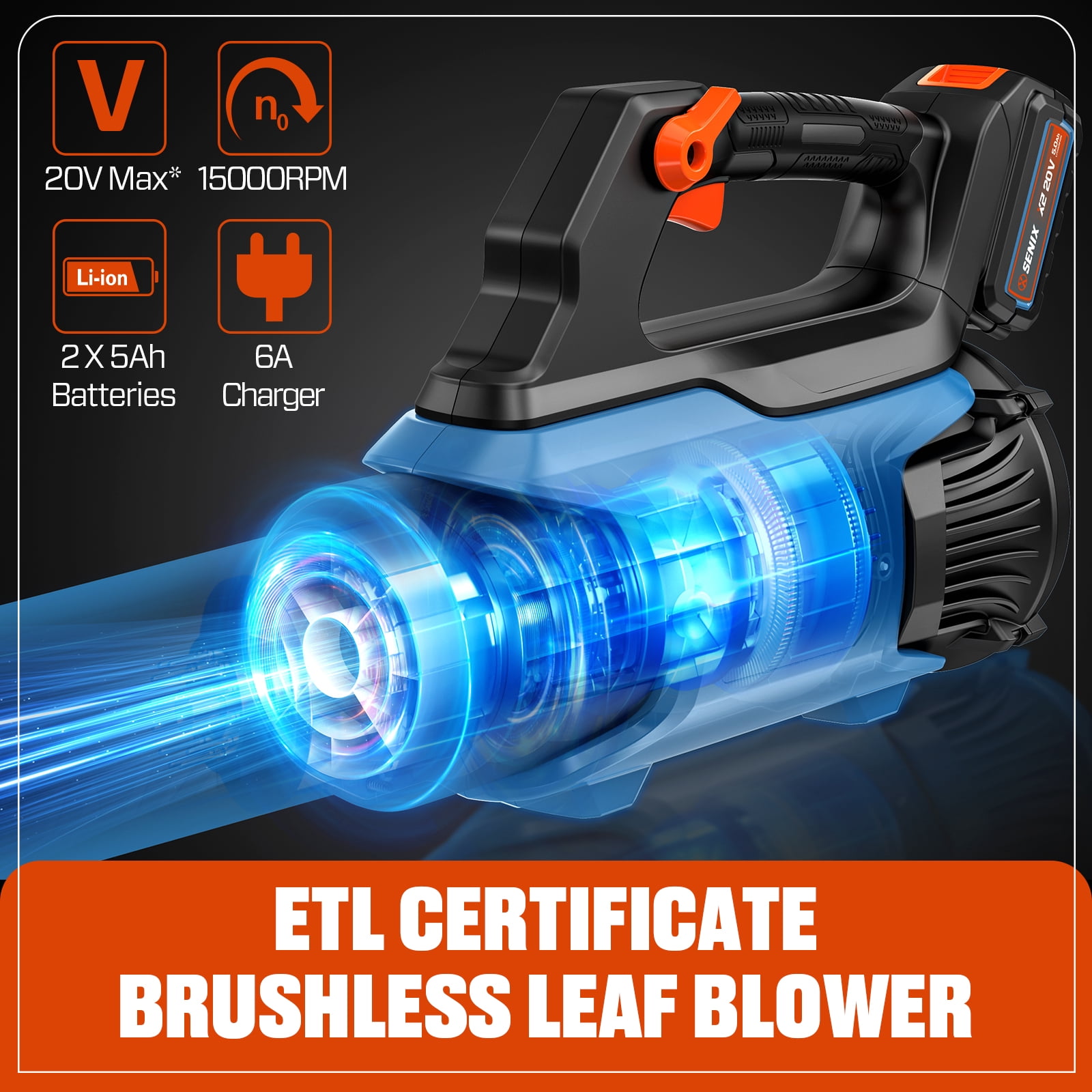 SENIX 20 Volt Max* Cordless Brushless Leaf Blower with 2 X 5.0Ah Battery & 6A Charger Included, Variable Air Speeds Up To 450 CFM 100 MPH, X2BLM3-BDL