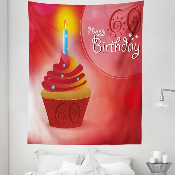 Abstract Tapestry, Abstract Sun Beams Backdrop Party Theme Cupcake with Frosting Image, Fabric Wall Hanging Decor for Bedroom Living Room Dorm, 5 Sizes, Ruby Red and Orange, by Ambesonne