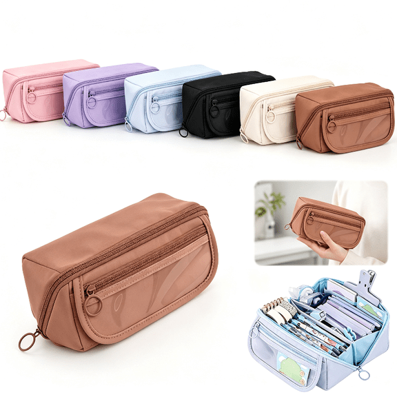 Pencil Case, Large Capacity Pencil Pouch, Big Storage Organizer for Stationery, Zipper Pen Bag,Back to School Supplies,Office Water-Repellent Nylon Pencil Bag for Teen Girls Boys Brown