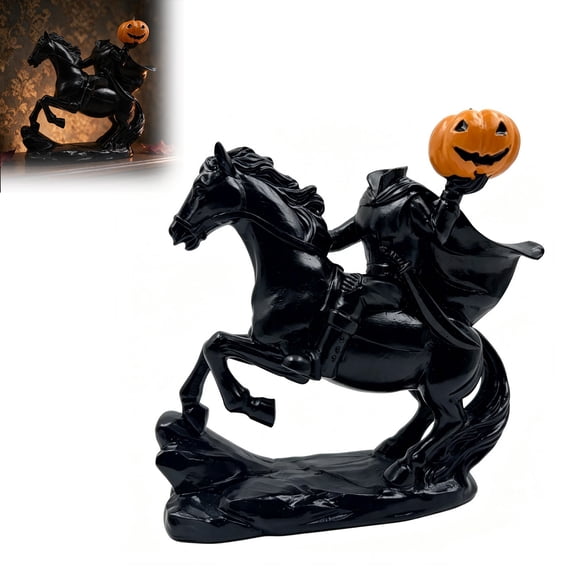 Halloween Lighted Statue, Headless Horseman Pumpkin Horse Figurine, Gothic Resin Decor with Warm LED Glow for Mantel, Shelf, Tabletop & Home Decoration