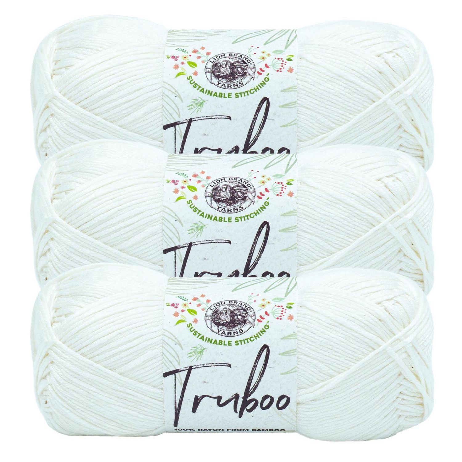 Lion Brand Truboo Yarn White #3 Light/DK weight Bamboo yarn, 100g/ 220m, 3-Pack