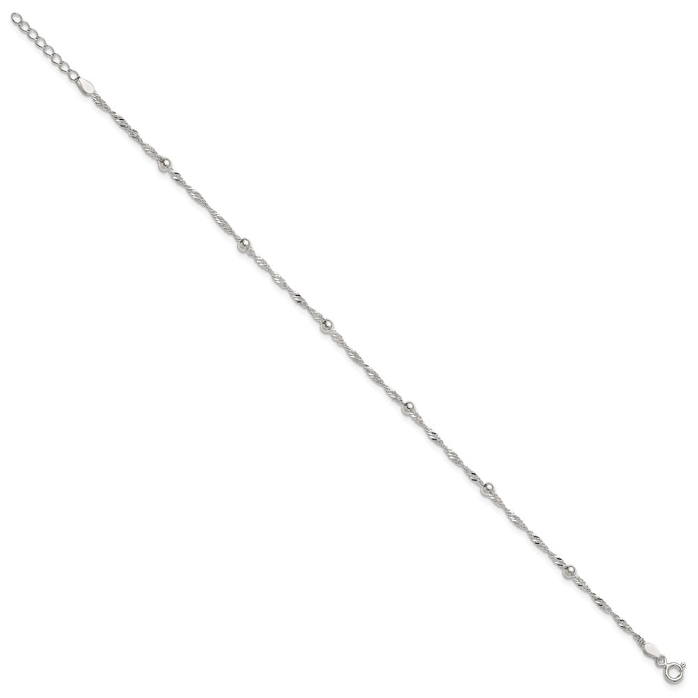 Sterling Silver Polished and Beaded 6-Station Fancy Link 9 inch with 1 inch Extension Anklet