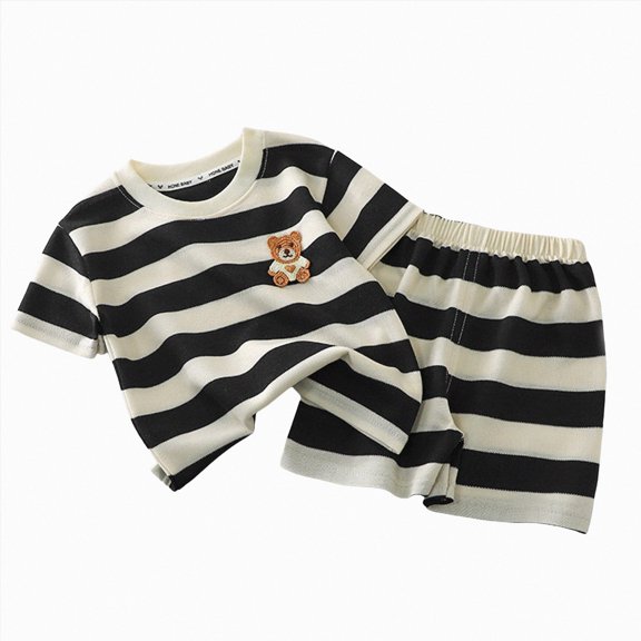 KPOPLK Toddler Kids Boy 2 Piece Print Short Sleeve Cotton T-Shirt Tee Casual Pull on Shorts Set Outfits(6-12 Months,Black)
