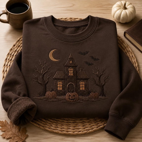 HD HANDICHI DESIGN Haunted House Embroidered Spooky Mansion Tee, Vintage Witchy Gothic Autumn Halloween Shirt, Fall Gift Apparel, Unisex S-5XL Multicolor