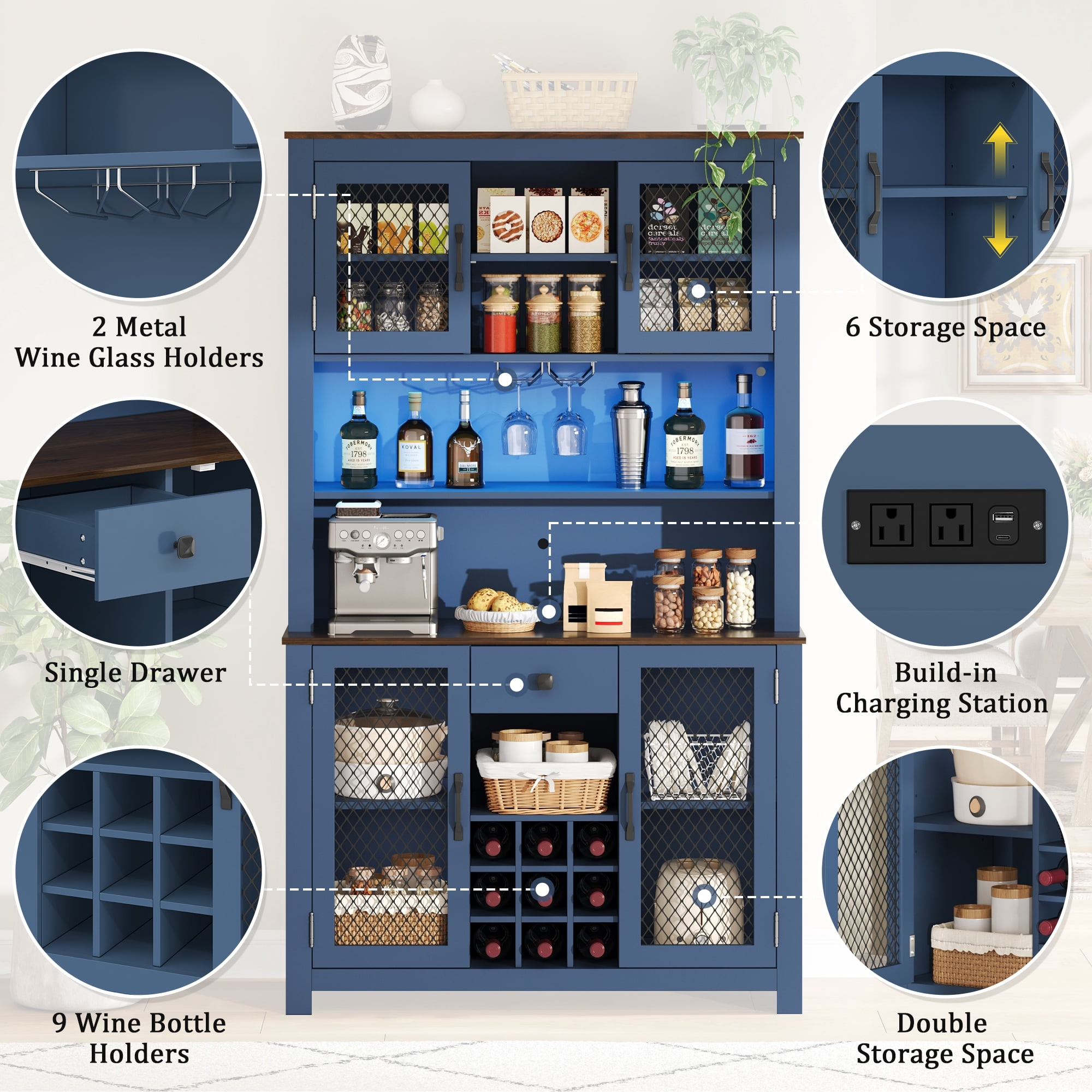 Euroco 70.9" Kitchen Pantry Storage Cabinet Rustic Buffet Cabinet, Kitchen Hutch Cabinet with LED Outlets Food Pantry Cabinet with Doors and Shelves Wine Rack for Dining Room, Navy Blue