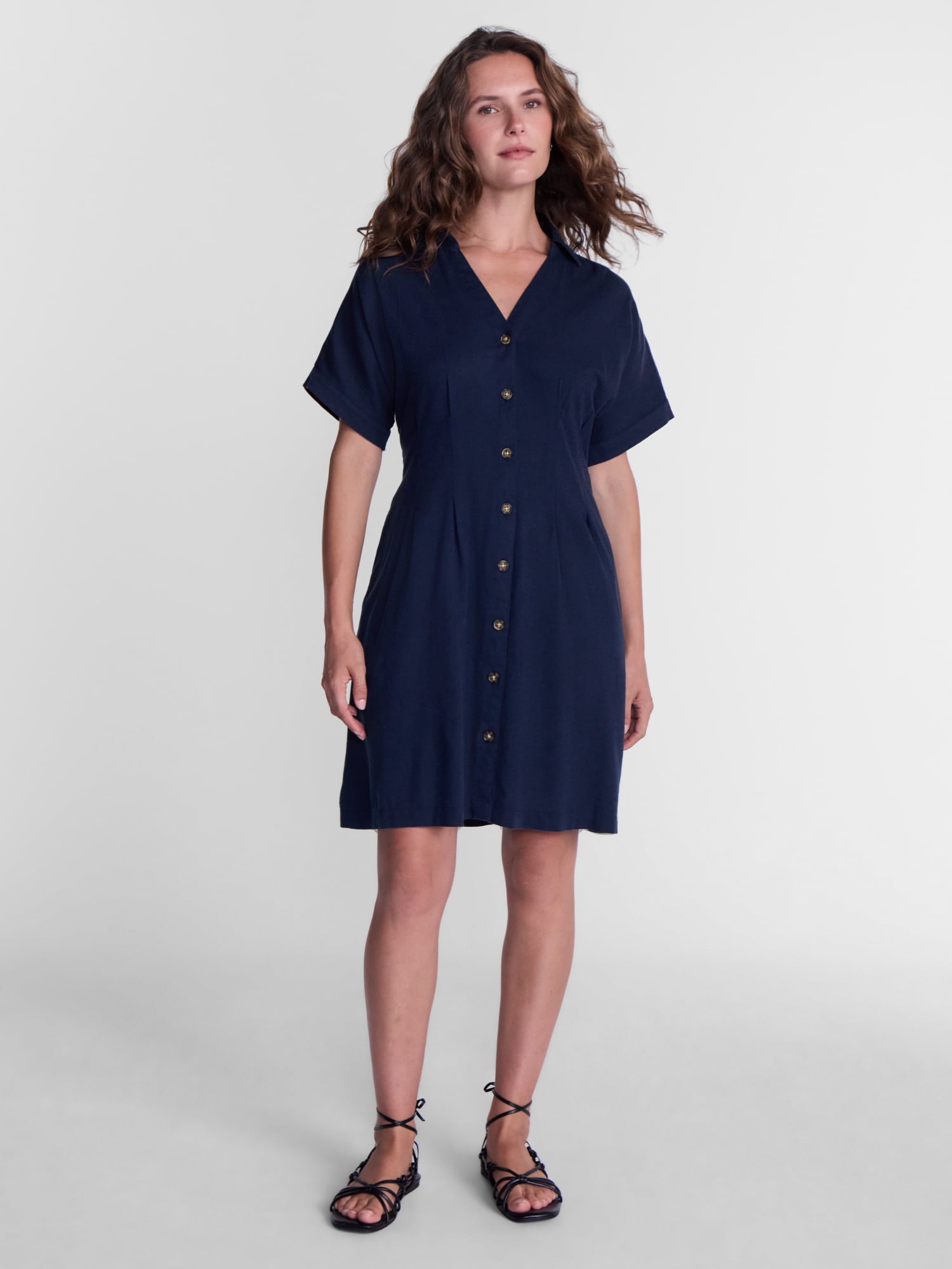 Time and Tru Women's Linen Blend Pleated Mini Shirtdress with Short Sleeves, Sizes XS-XXXL