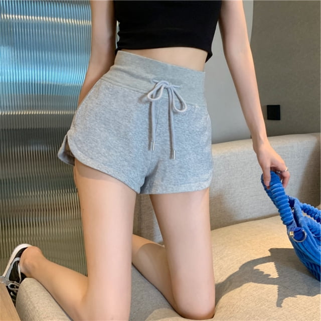 Pantalones casuales de estilo gris Pantalones cortos de cintura alta de verano para mujer Pantalones deportivos con cordón Diseño Sense Pantalones rectos divididos