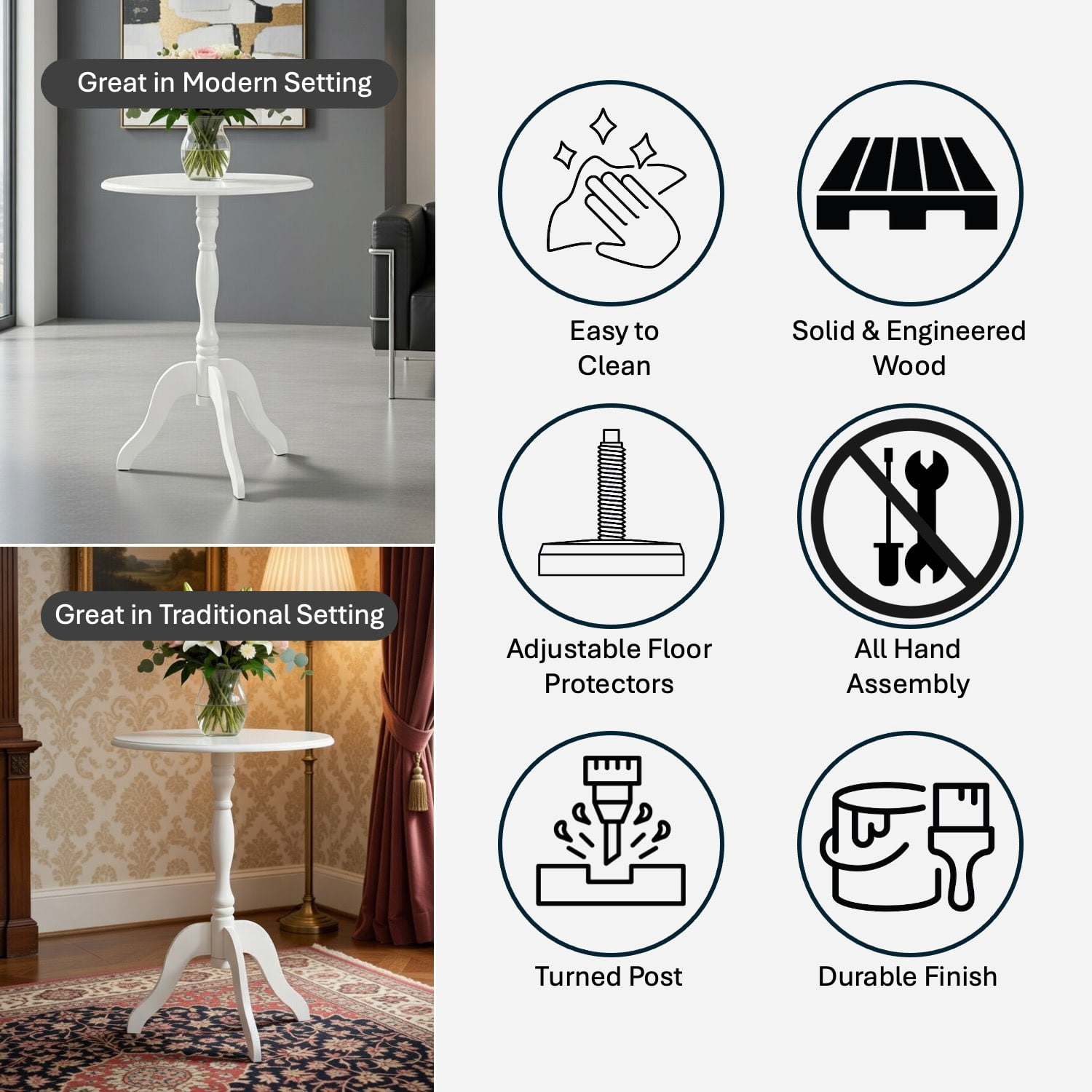 Decor Therapy Warwick Round Accent Table - 3 Leg Pedestal Side Table for Living Room, Bedroom, Entryway - Traditional Bistro Drink Table, White