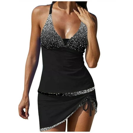 Lolmot Bikinis for Women s Sexy Bling Deep V Strap Halter Push Up Women Two Piece Bathing Suits With Boyshorts