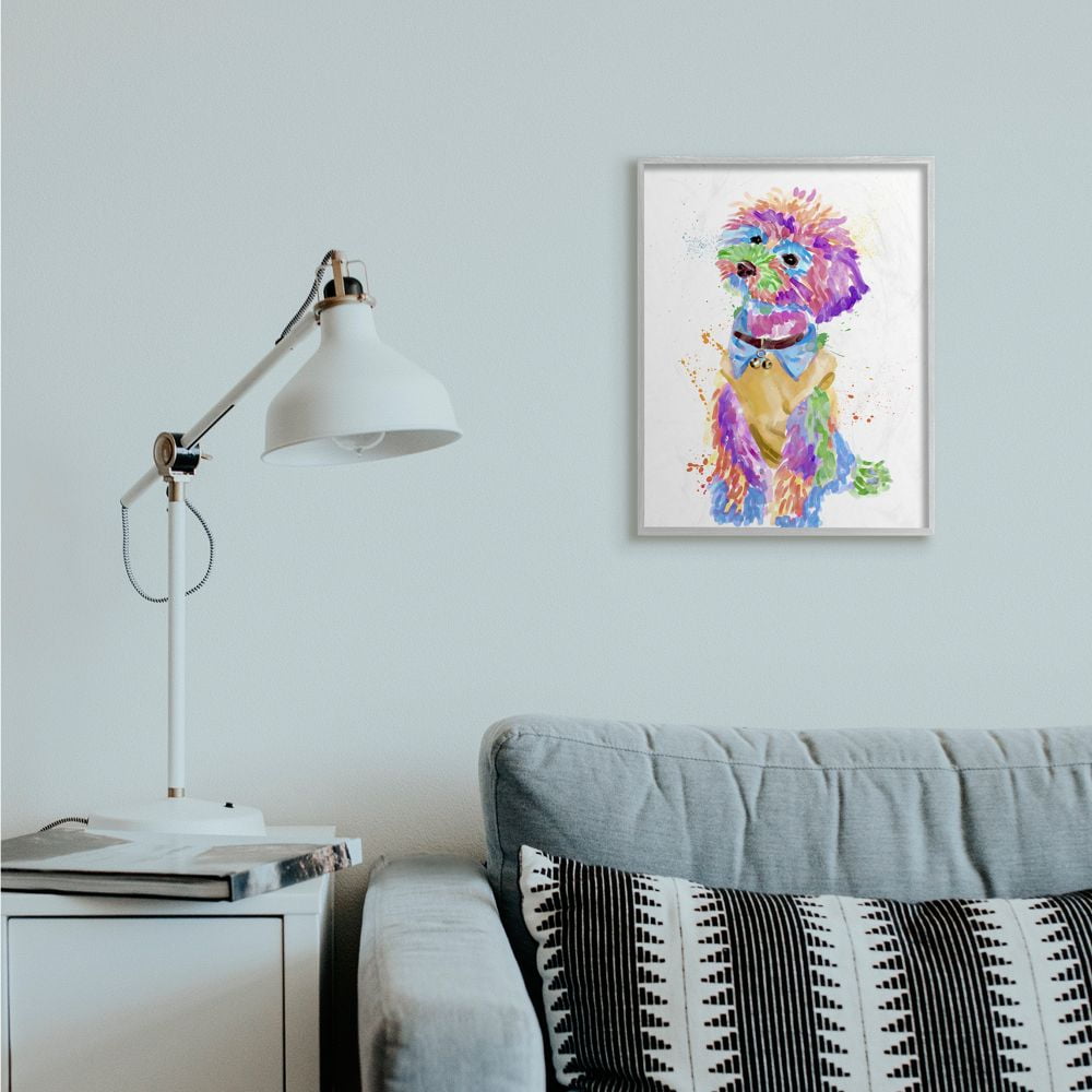 Stupell Industries Colorful Fun Pet Dog Portrait Stylish Bichon Design Framed Wall Art Design by Ziwei Li, 16" x 20", Gray Framed