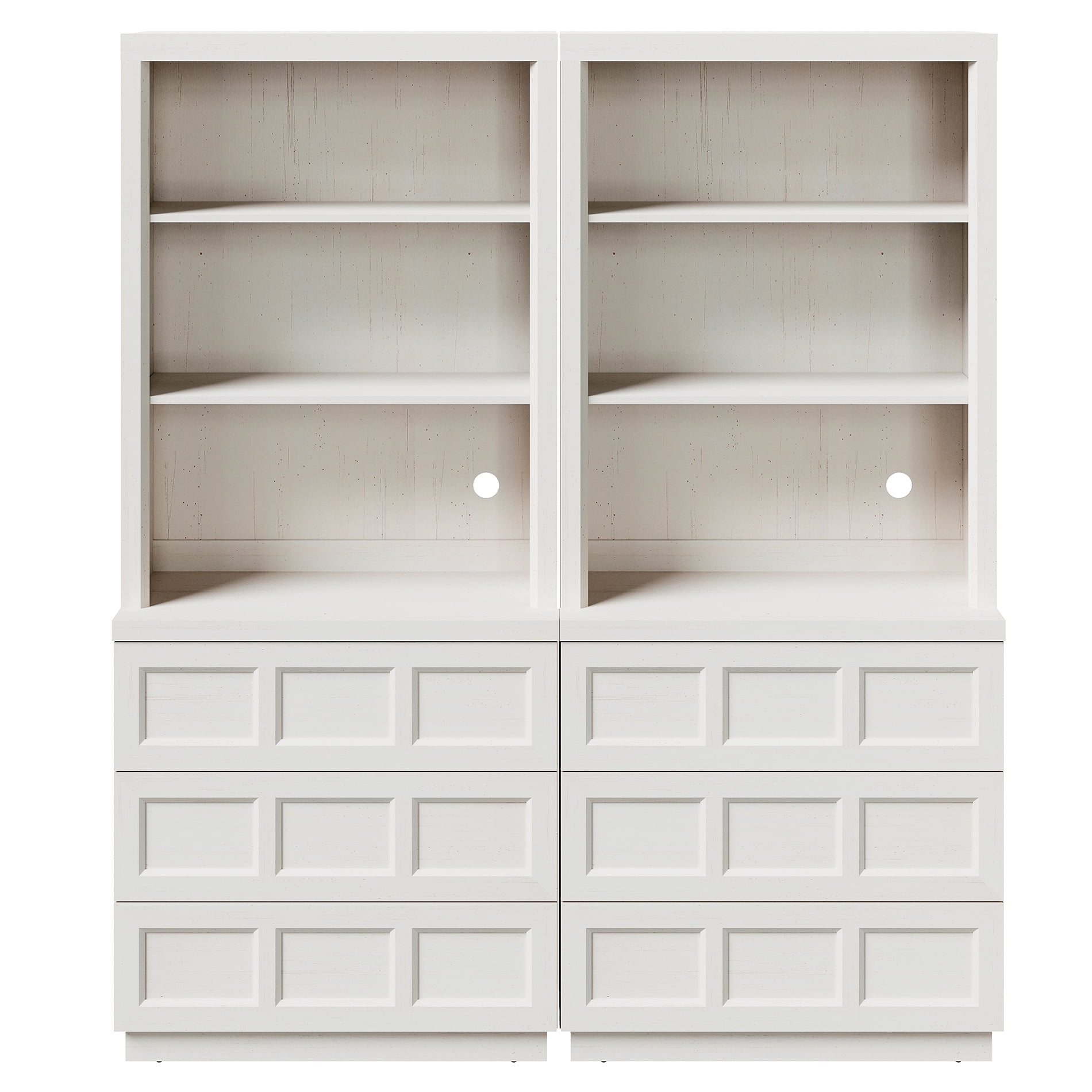 HOMOOI 2-in-1 Integrated Bookcase,Boho Rustic Wood Grain Freestanding Book Shelf with Open Display Shelves & 6 Rebound Handle-Free Drawers, Anti-Wobble Bookcase for Living Room,Home Office,White