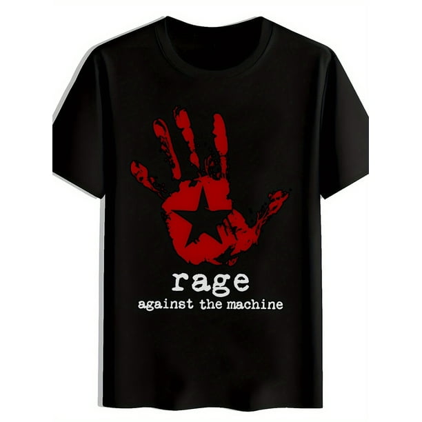 Men'S Black Graphic T-Shirt - "Rage Against the Machine" Print, Short Sleeve Crew Neck, Summer Casual Cotton Top, Heavy Metal Rock Band Design with OASI-A Logo, AC-DC Elements, and Music Influence