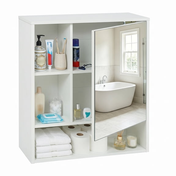 Costway Bathroom Mirror Cabinet with 2 Hidden Storage Shelves & 3 Open Storage Compartments White