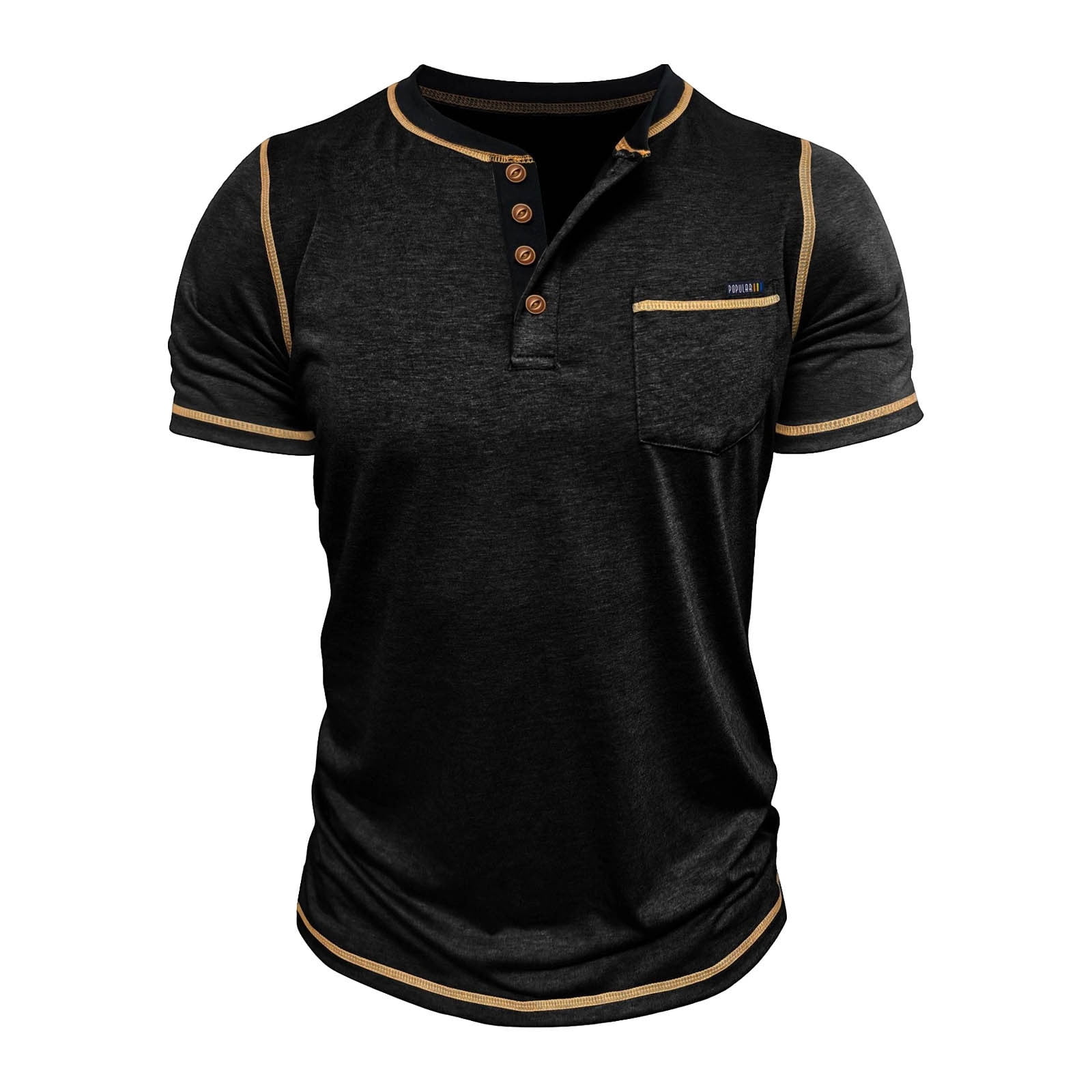 Dolkfu Men's Shirts Henley Cotton T Shirt Short Sleeve Button Black Pocket Men's T-Shirts S