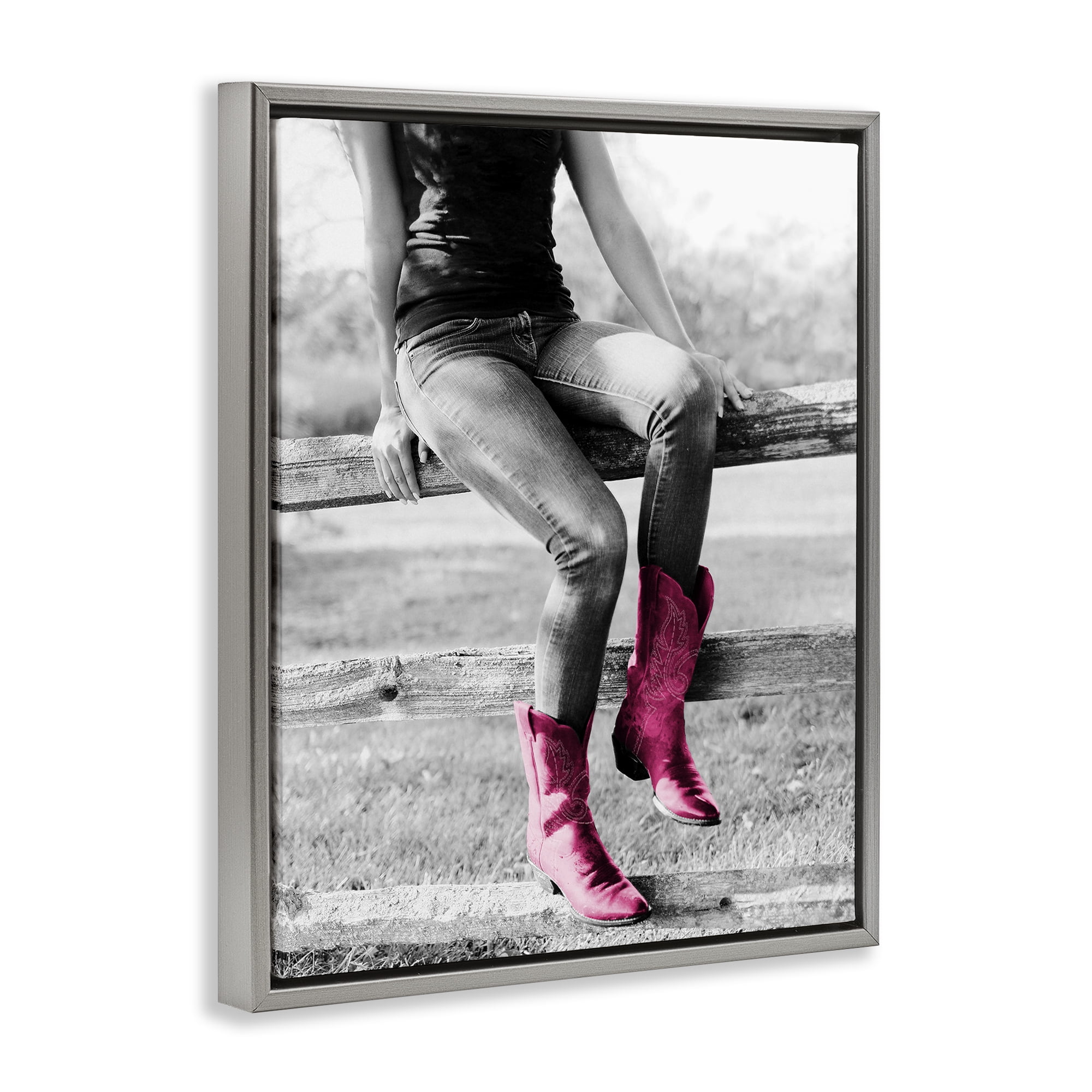 Stupell Industries Glam Cowgirl in Boots Novelty Painting Gray Floater Framed Canvas Art Print Wall Art, 17 x 21