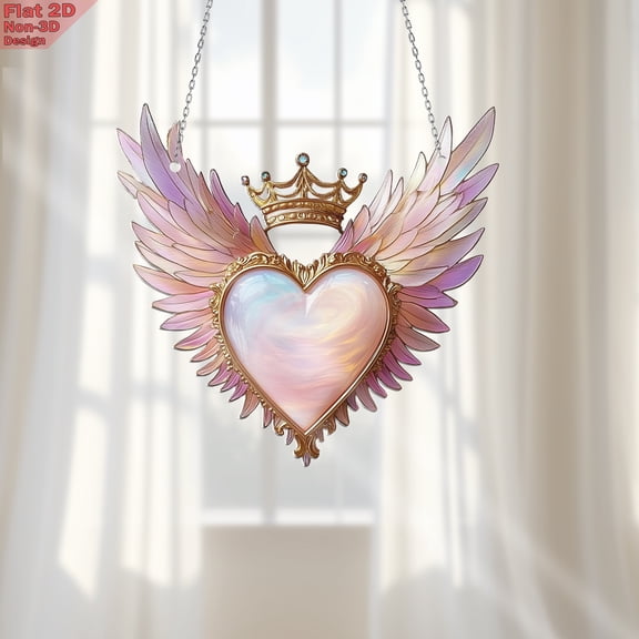 Heart with Wings and Crown Acrylic Window Hanging, Stained Glass Style, Unique Home and Office Decoration, Eco-Friendly, Vintage Art Piece for All Spaces