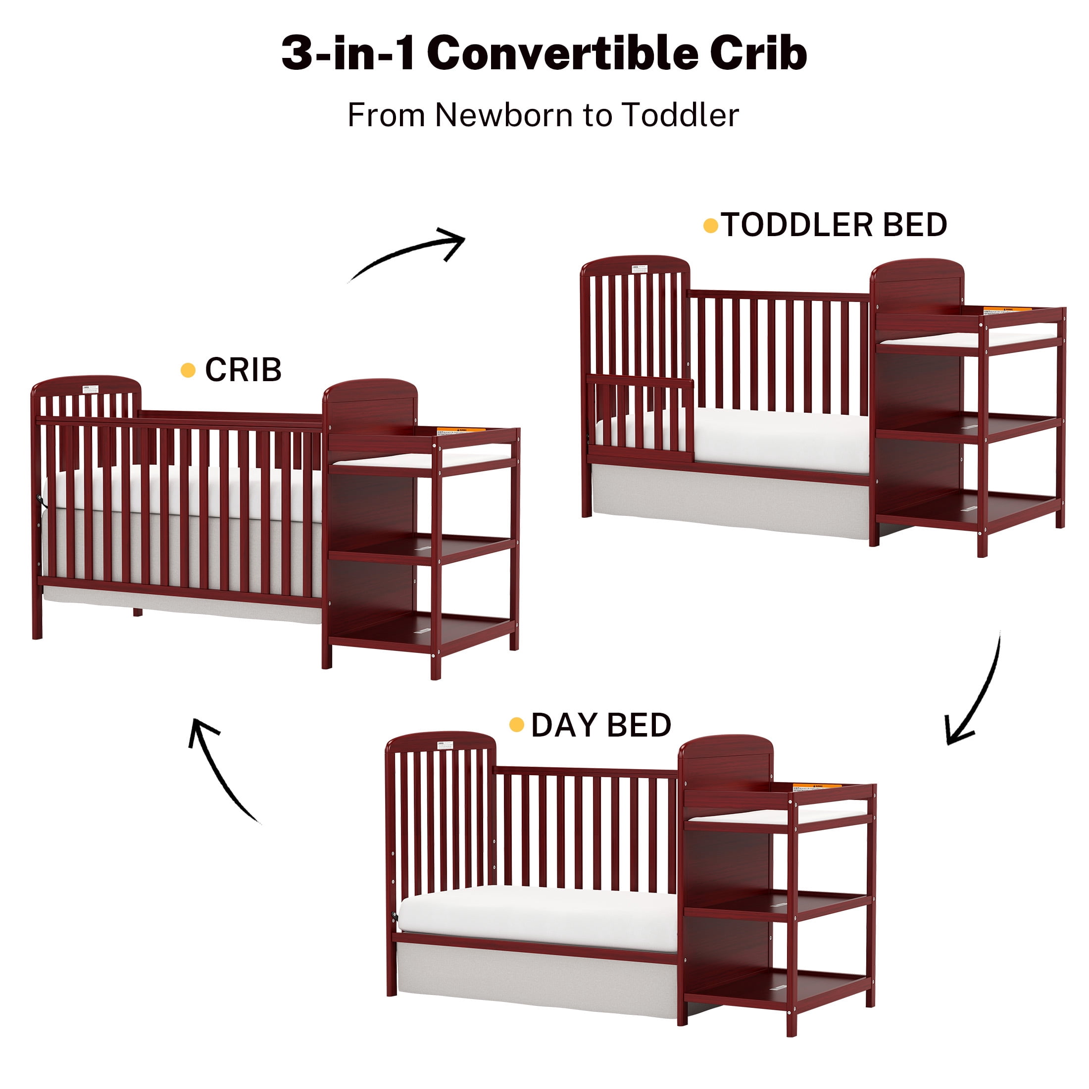 Conchico 3-In-1 Convertible Crib and Detachable Changer, New Zealand Pinewood Baby Crib, Toddler Daybed Bed with 3 Heights, Non-Toxic Finish, Easy to Assemble, Cherry