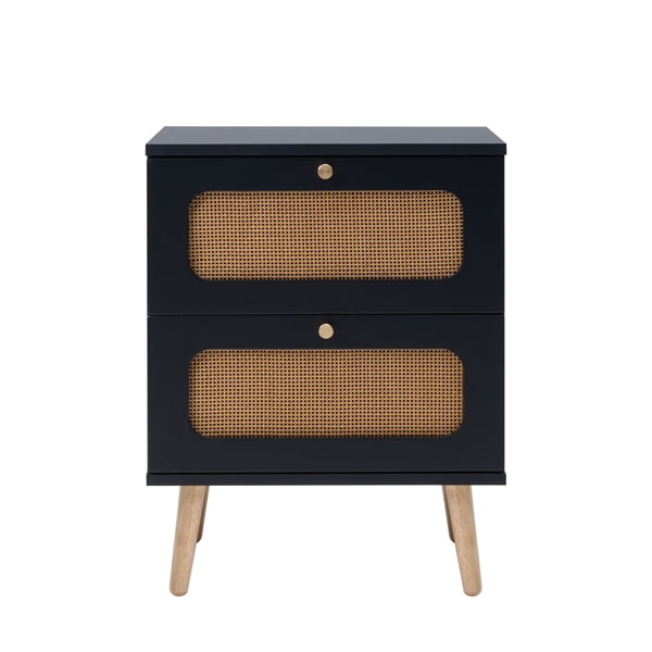 2-drawer Rattan Nightstand for Bedroom and Living Room, End Table, Side Table with 2 Hand Made Rattan Decorated Drawers