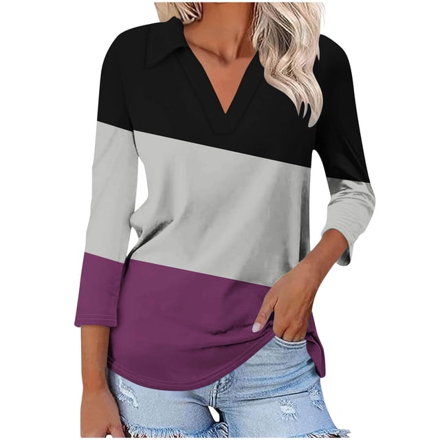 Camiseta de Solapa de Cuello en V de la Manga Superior de 3/4 de las Mujeres, Uso Diario Cómodo Casual