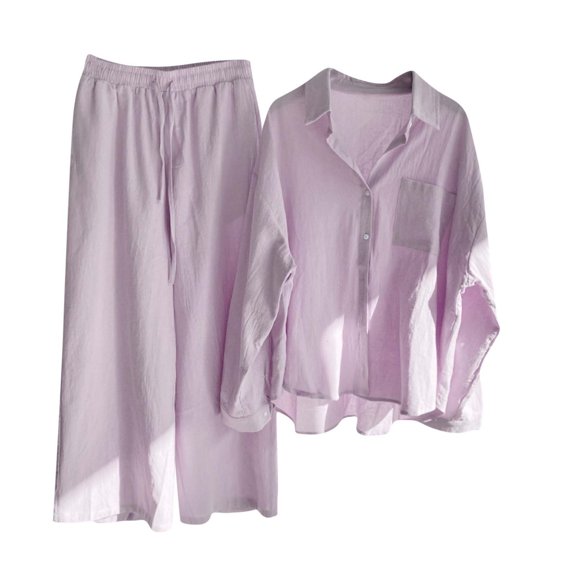 SHTXOZHI Women's 2 Piece Outfits Cotton Linen Long Sleeve Button Down Shirts Wide Leg Pants Set