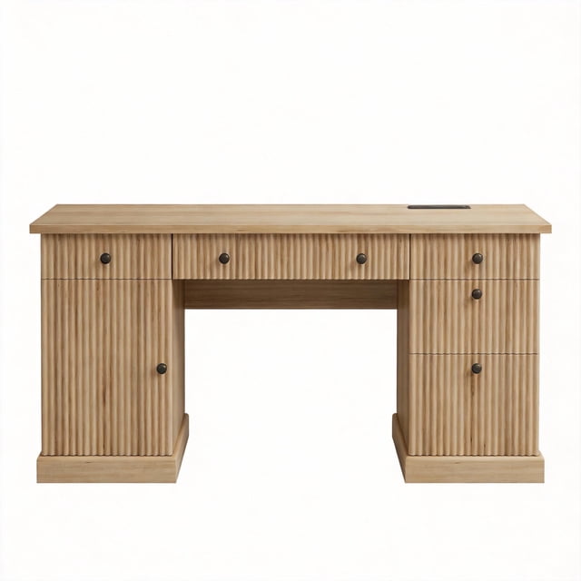 Fluted Detail Executive Writing Desk, 60 Inch Home Office Storage Desk with Charging Port and Organized Drawer System