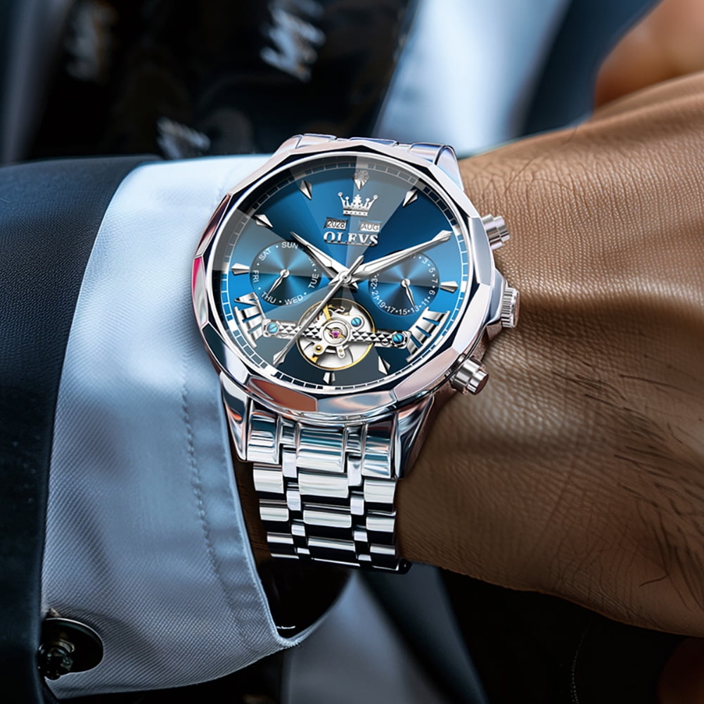 OLEVS Automatic Watches for Men Luxury Dress Waterproof Self Winding Mechanical Chronograph Diamond Stainless Steel Luminous Date Skeleton Tourbillon Mens Watches Gift Reloj Para Hombre Blue Dial