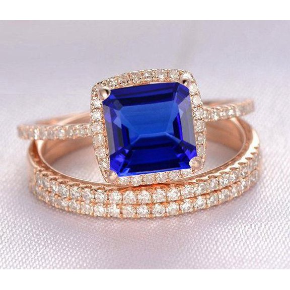 3 Carat 6mm Princess Cut Blue Sapphire And Moissanite Diamond Halo Trio Wedding Ring Bridal Set in 10k Rose Gold