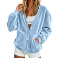 thumbnail image 2 of Stralyhd Lazy Day Velour Open Front Button Jacket Women Oversized Sweatshirt Relax Home Tops Fashion Autumn Night Outwear with Side Pockets Sky Blue S, 2 of 5