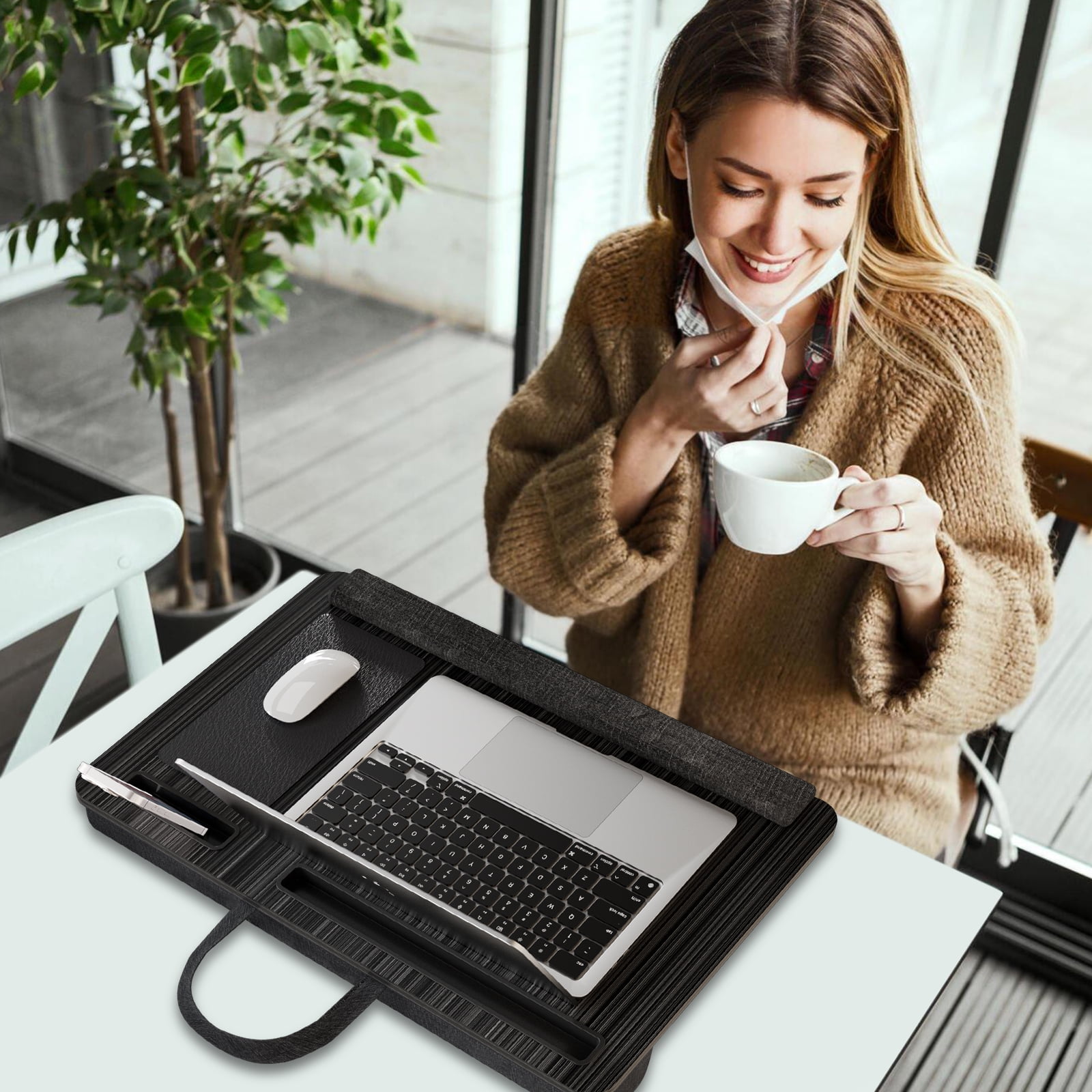 PHANCIR Portable Lap Desk for Laptop, Wood Laptop Bed Table with Handle Fits up to 15.6 inches Laptop Tray with Soft Pillow, Mouse Pad, Wrist Pad & iPad/Phone Slots, Laptop Stand 21.6 x 13.4in-Black