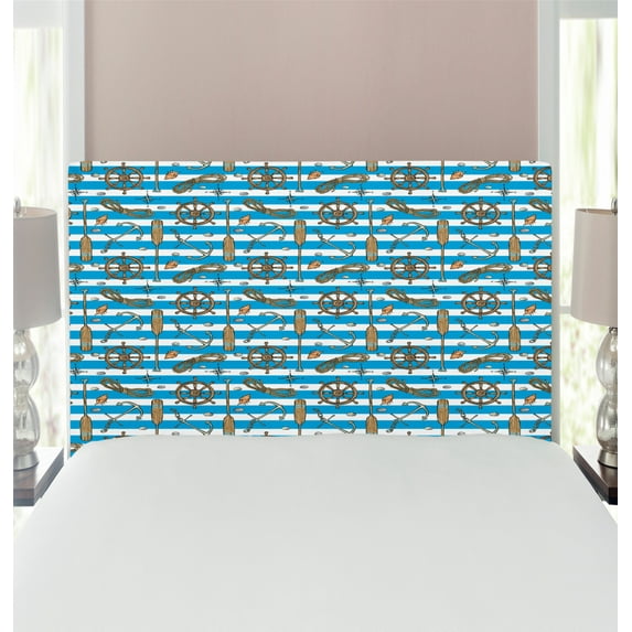 Nautical Headboard, Sailor Uniform Stripes Backdrop Cruise Regatta Tourism Classic Illustration, Upholstered Decorative Metal Bed Headboard with Memory Foam, Twin Size, Brown Blue White, by Ambesonne