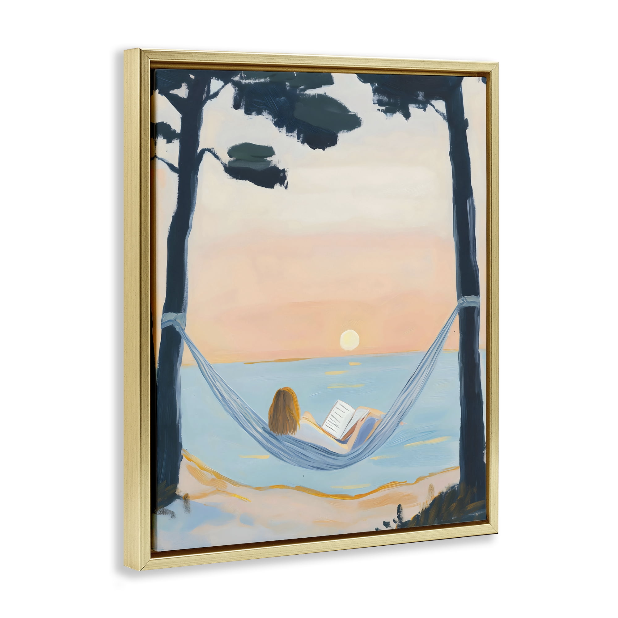 Stupell Industries Reading At Sunset in Hammock Gold Framed Floater Canvas Wall Art, design by The Prints Vibe