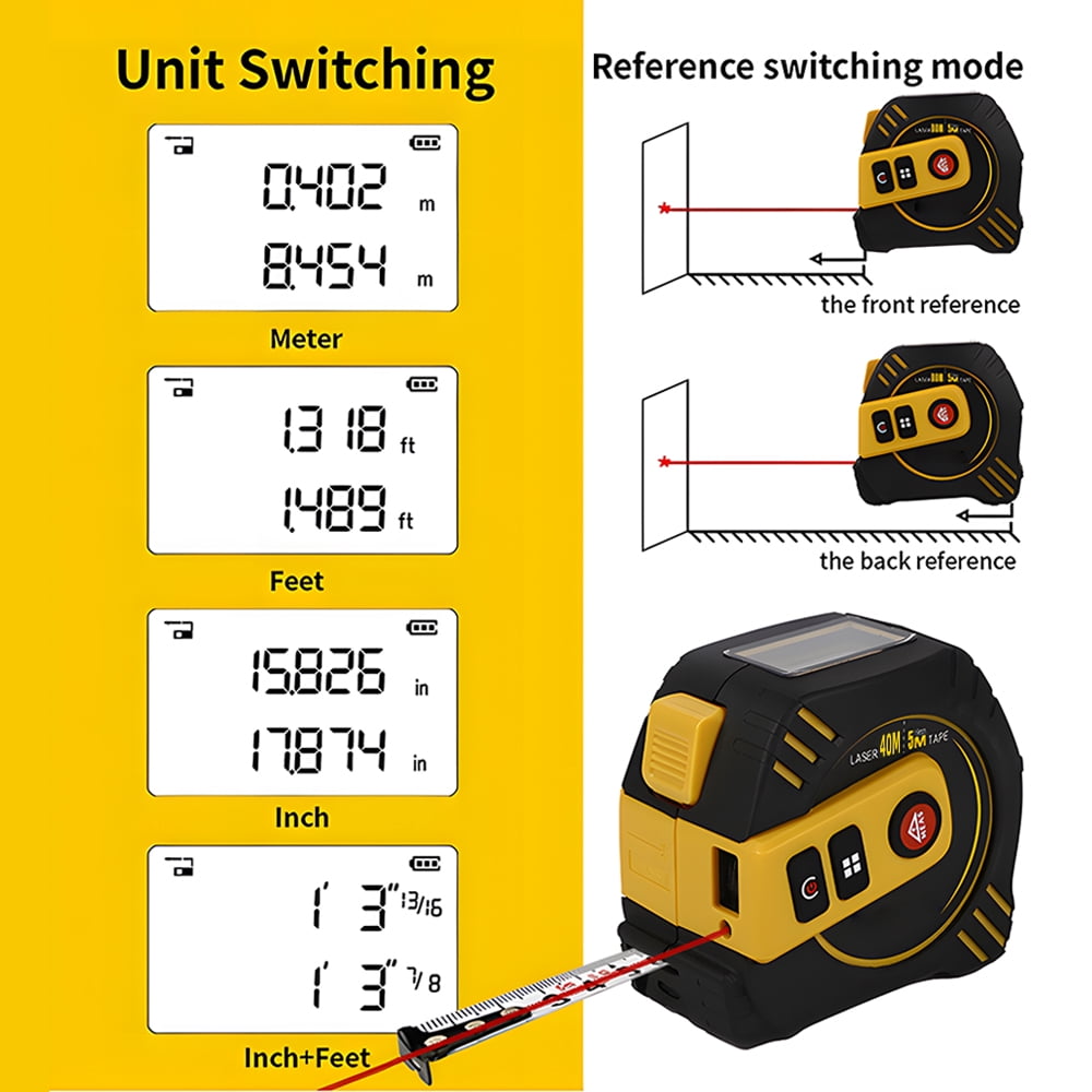 M Buder 2-in-1 Digital Tape Measure with Laser Distance Meter 130ft / 40m Retractable AutoLock Measuring Tape 16ft / 5m LCD Backlit Display 4 Measurement Modes Built-in Battery