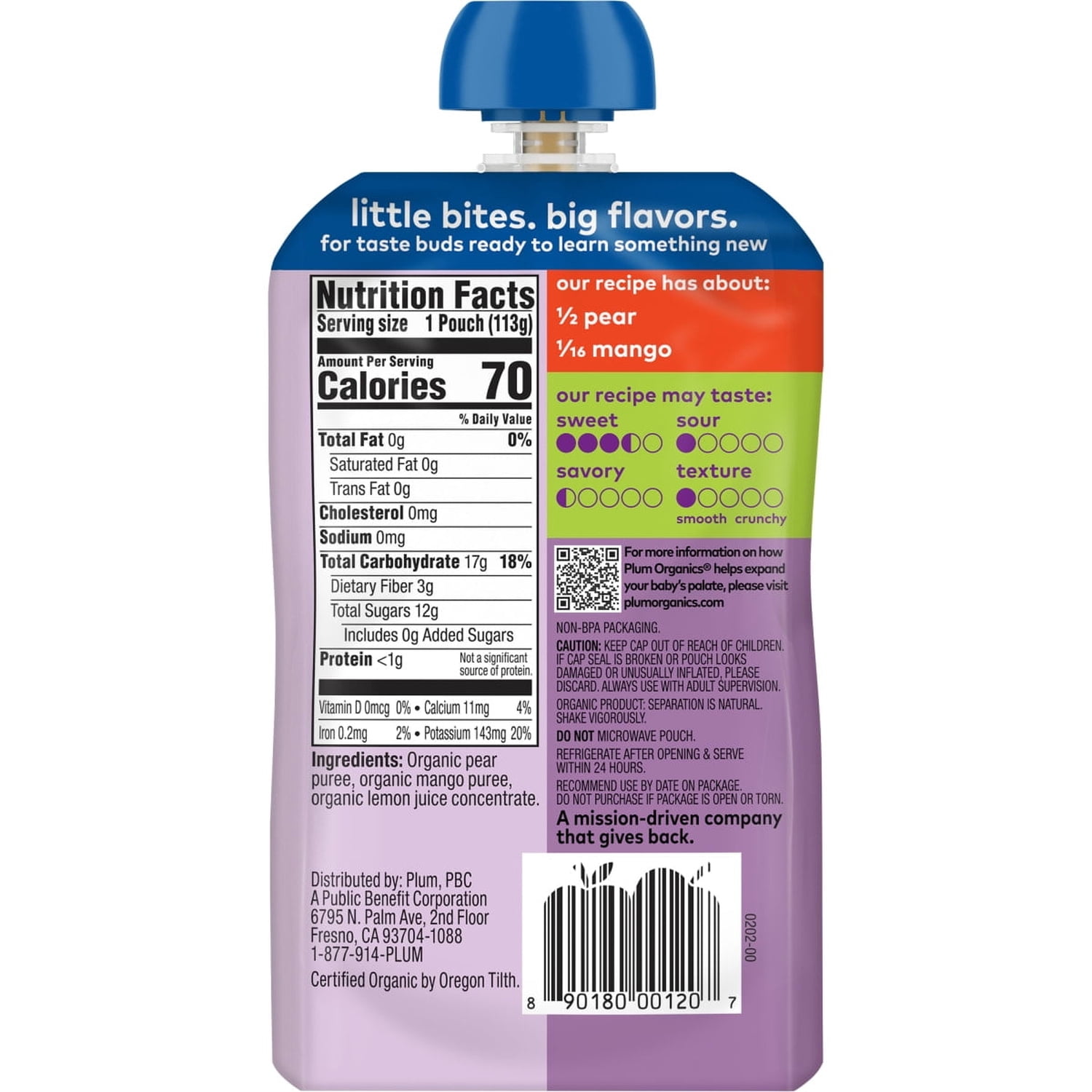 Plum Organics Stage 2 Organic Baby Food, Pear and Mango, 4 oz Pouch - Case of 12
