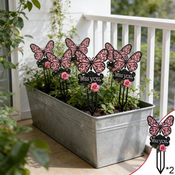 Japceit 2D Butterfly Heart Memorial Garden Stake,Cemetery Decorations For Miss You ,Metal Grave Markers,For Gardens, Courtyards,Cemeteries