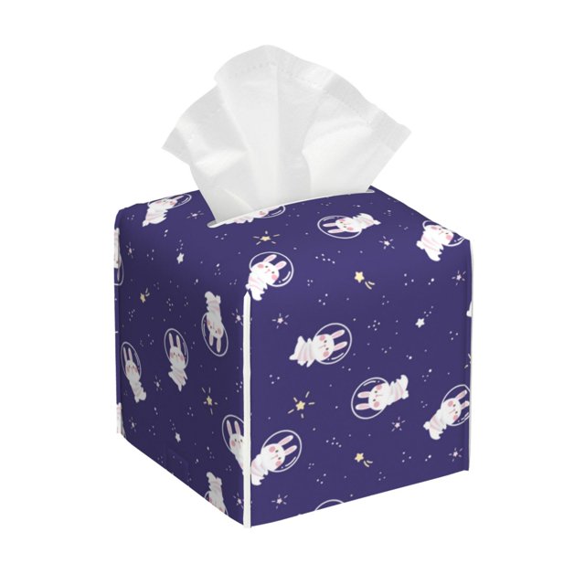KLL Astronaut Rabbit Print Tissue Box Cover,Leather Tissue Holder Square Facial Tissue Case Facial Paper Organizer Dispenser for Bathroom, Vanity Countertop