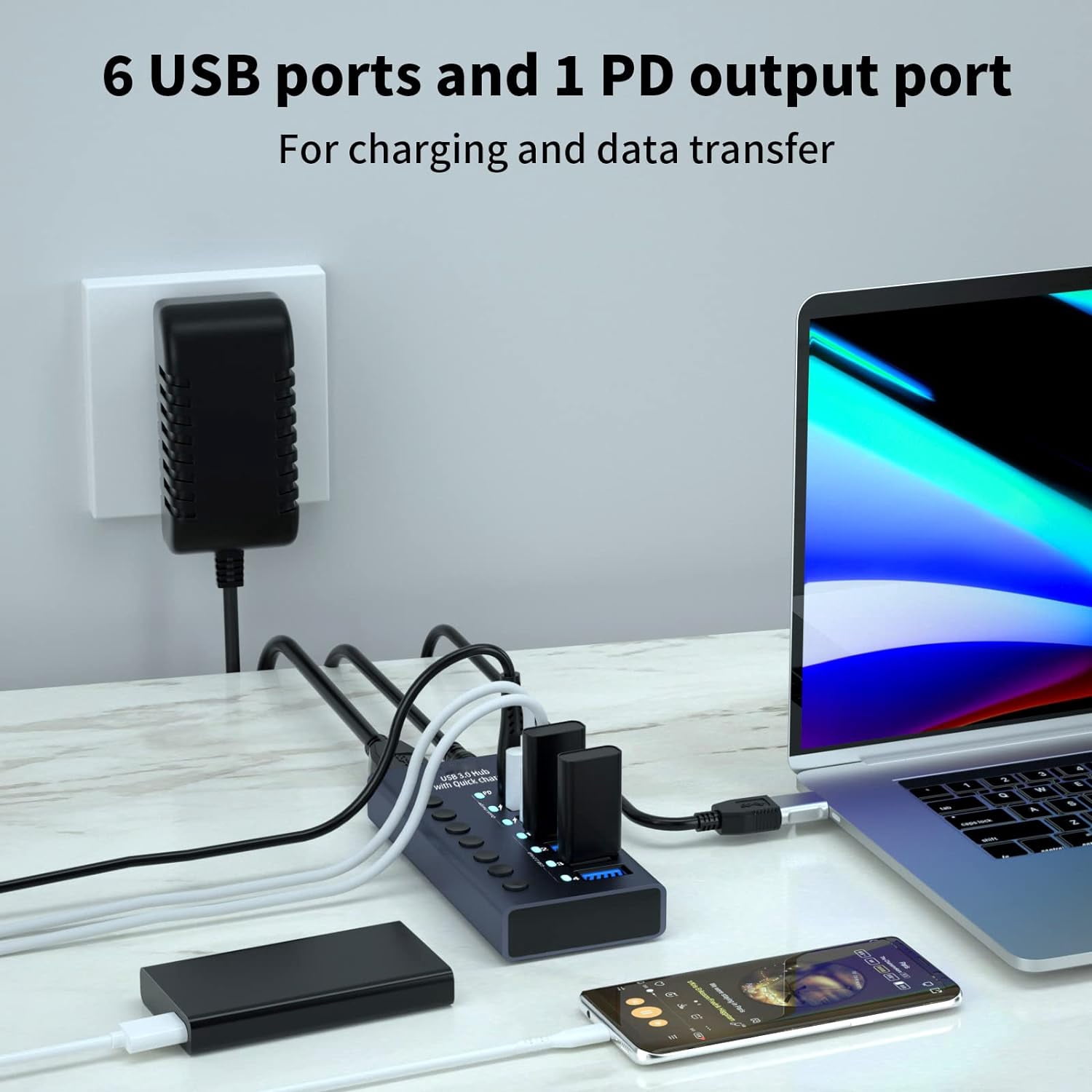 Aluminum Powered USB 3.0 Hub,AUBEAMTO 7-Port USB Hub Splitter (4 USB 3.0 Data Transmission Ports + 2 Smart Charging Ports + 1 PD Charging Port), with 36W (12V/3A) Power Adapter and Independent Switch