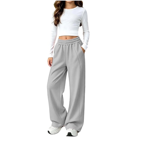 TKKCS Girls Wide Leg Fleece Sweatpants Elastic Waist Loungewear Loose Fit Open Bottom Casual Trousers Gray 12-13Years