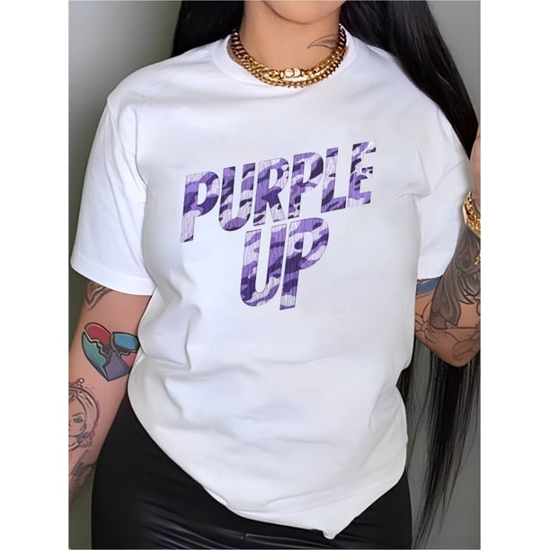 Women's Plus Size Purple Camo Graphic T-Shirt - "PURPLE UP" Bold Lettering, Casual Knit, Machine Washable, Round Neck, All-Season Wear