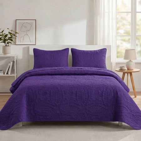 2/3PCS Solid Ultrasonic Coin Embossed Quilted Bedspread Set Skin-Friendly & Easy-Care Bedding Ideal for Bedrooms and Dormitories (1 Bedspread + 1/2 Pillowcases)(Purple Full/Queen)