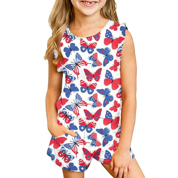 Ruyang Teens 4th of July Outfit Boys Girls American Flag Patriotic Ruffle Tank Tops Shorts Kid Cute Independence Day Summer Set
