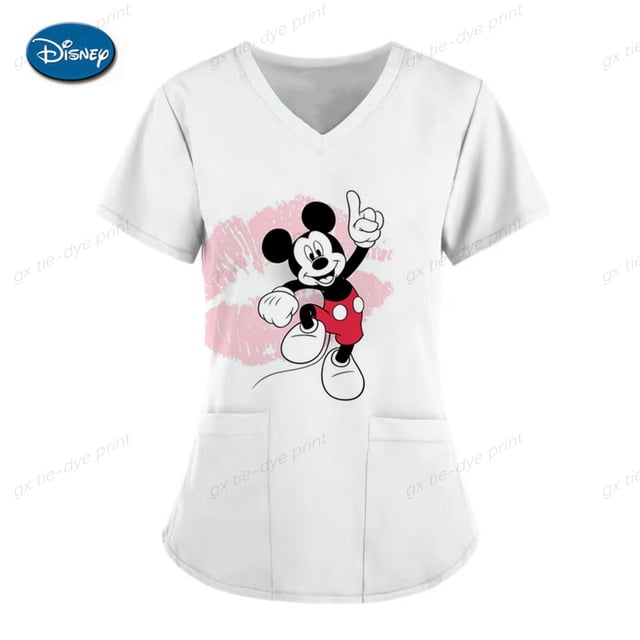 Minnie Mouse Tops Pocket Woman Clothes Summer T-shirt Mickey Hospital T-shirts Disney Nurse Uniform Top Women 2023 V Neck TeesL Gao Jinjia LED