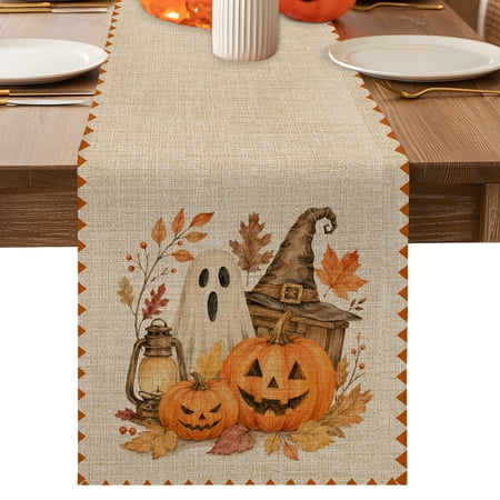 Halloween Fall Table Runner Vintage White Ghost Carved Pumpkins Leaf Linen Texture Cotton Linen Table Cloth Tablerunner for Kitchen Dining Party Wedding Home Decor 13x70 Inch