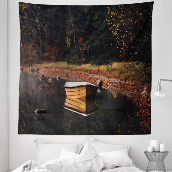 Epic Nature Tapestry, Lonely Boat in the Lake Trees in the Forest Aerial View of the Landscape Photo, Fabric Wall Hanging Decor for Bedroom Living Room Dorm, 5 Sizes, Multicolor, by Ambesonne