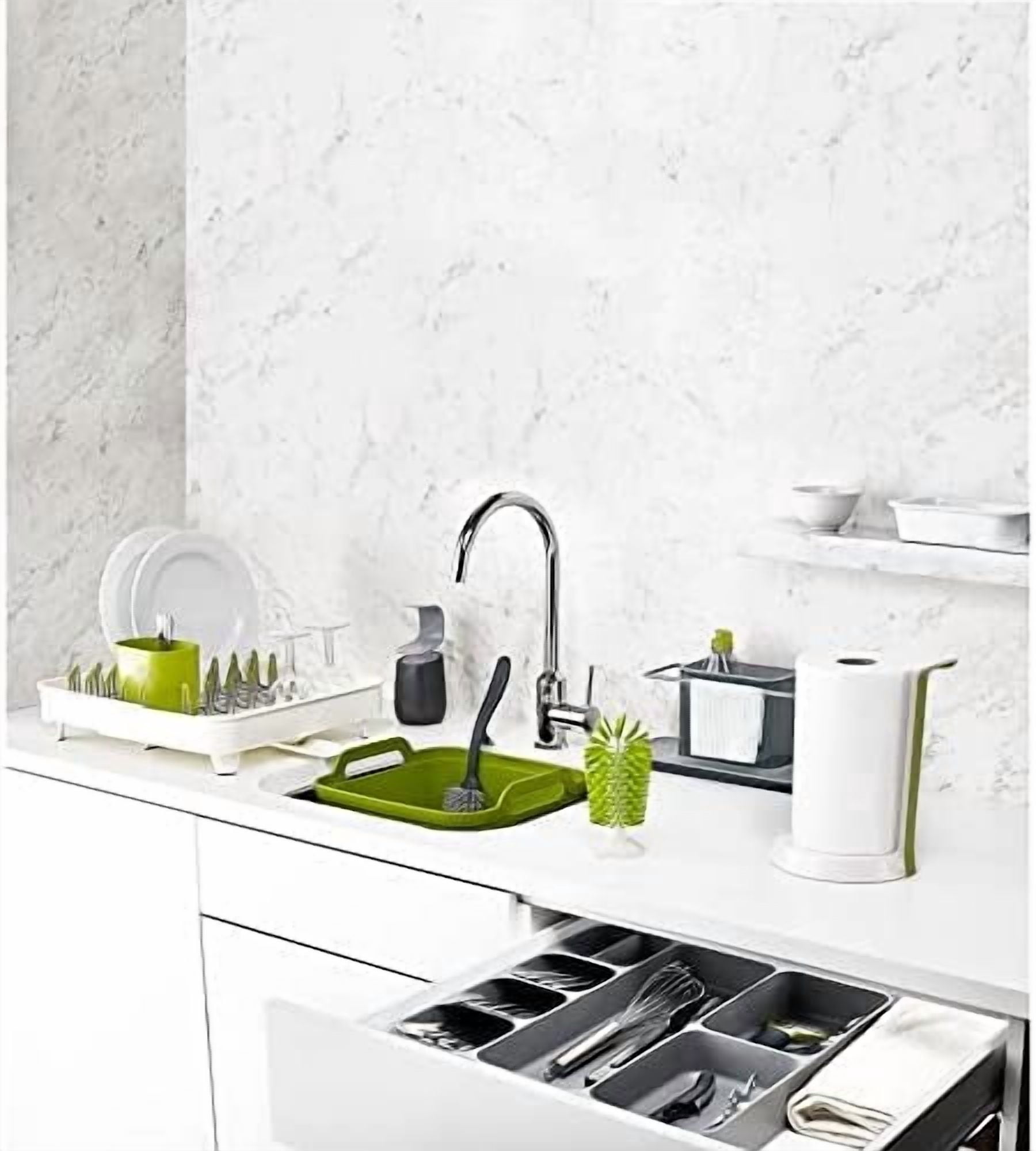 DrawerStore Compact Utensil Organizer For Kitchen Drawer Silverware, Flatware Tray, Small, Grey