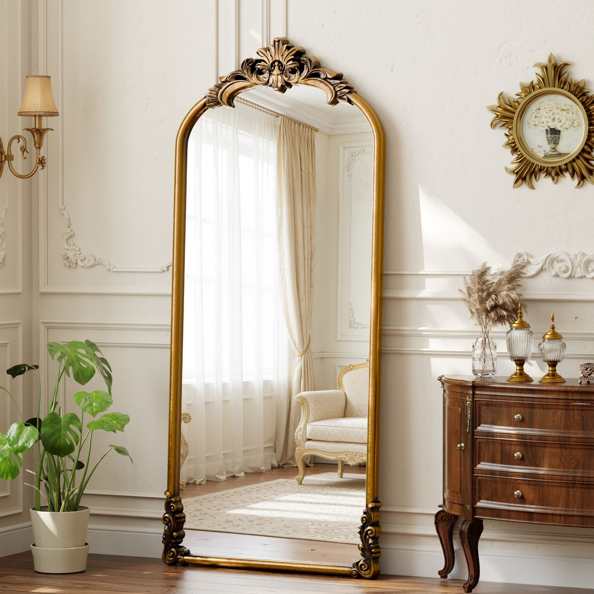 Easy4Home 69"x28" Arched Full-Length Floor Mirror Smooth Arch Top Floral Crest Standing Mirror, Antique Gold