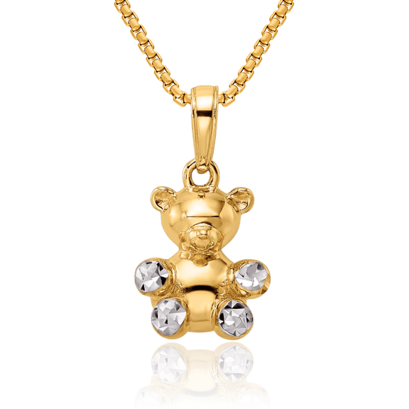 14K Solid Two Tone Yellow White Gold Gummy Teddy Bear Necklace Chain Pendant Charm