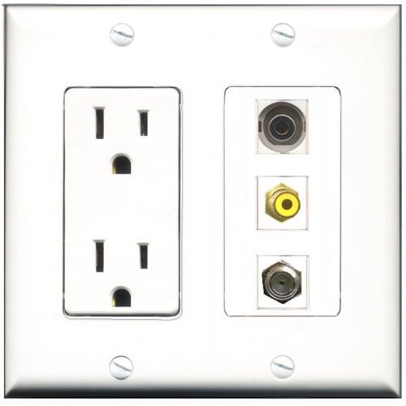 RiteAV - 15 Amp Power Outlet 1 Port RCA Yellow 1 Port Coax 1 Port 3.5mm Decorative Wall Plate